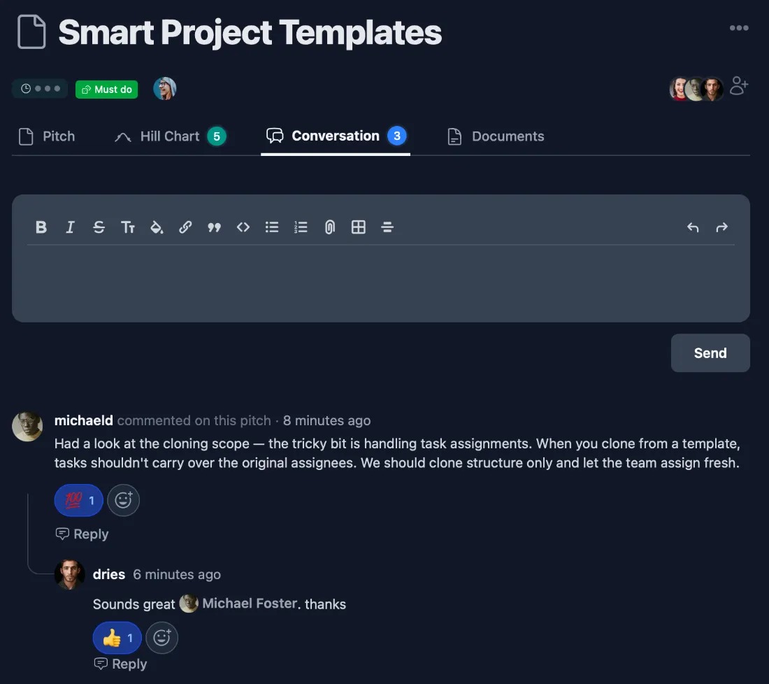Conversation timeline showing comments, mentions, and reactions