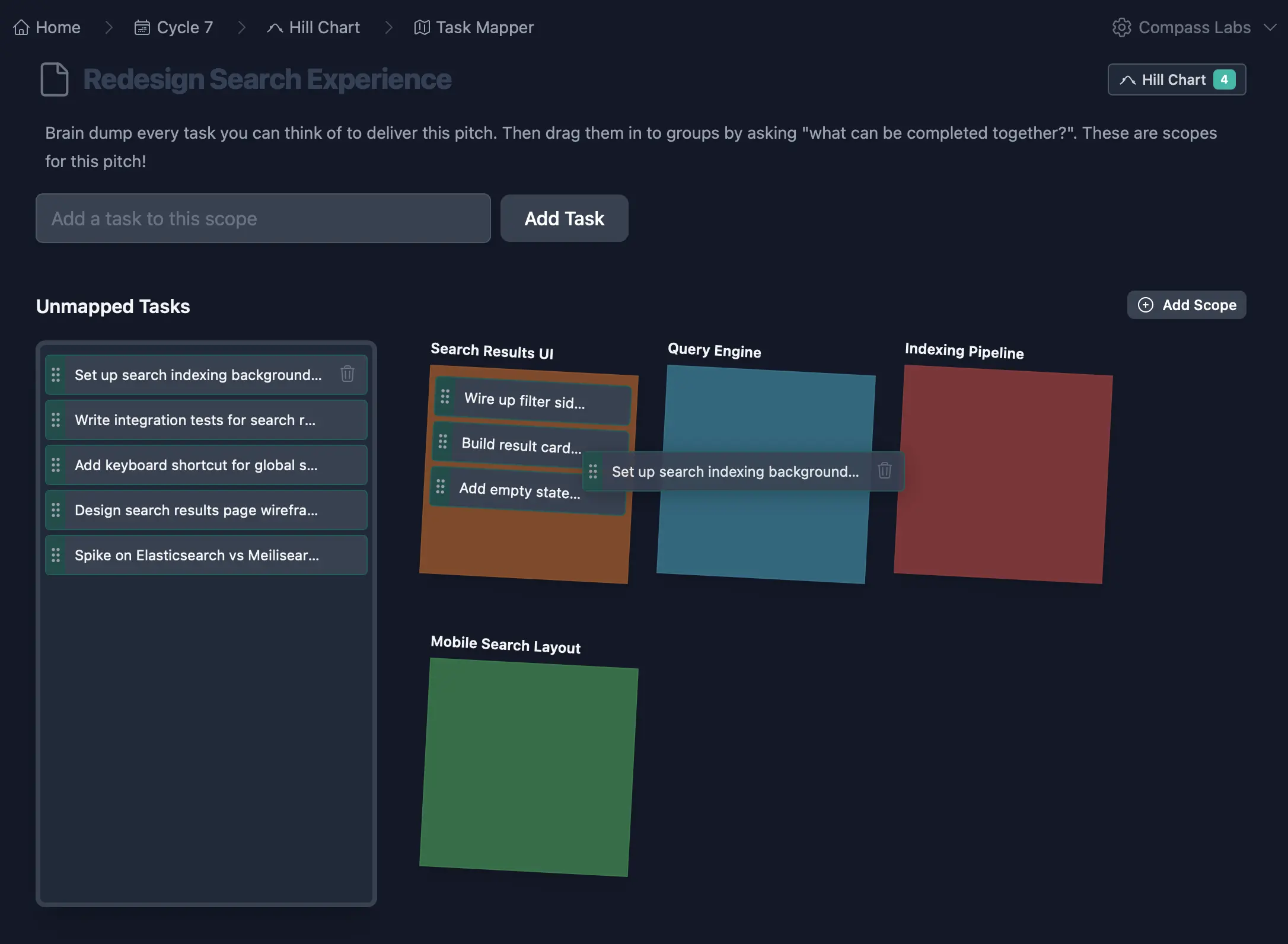 Task mapper showing tasks organised into scope groups