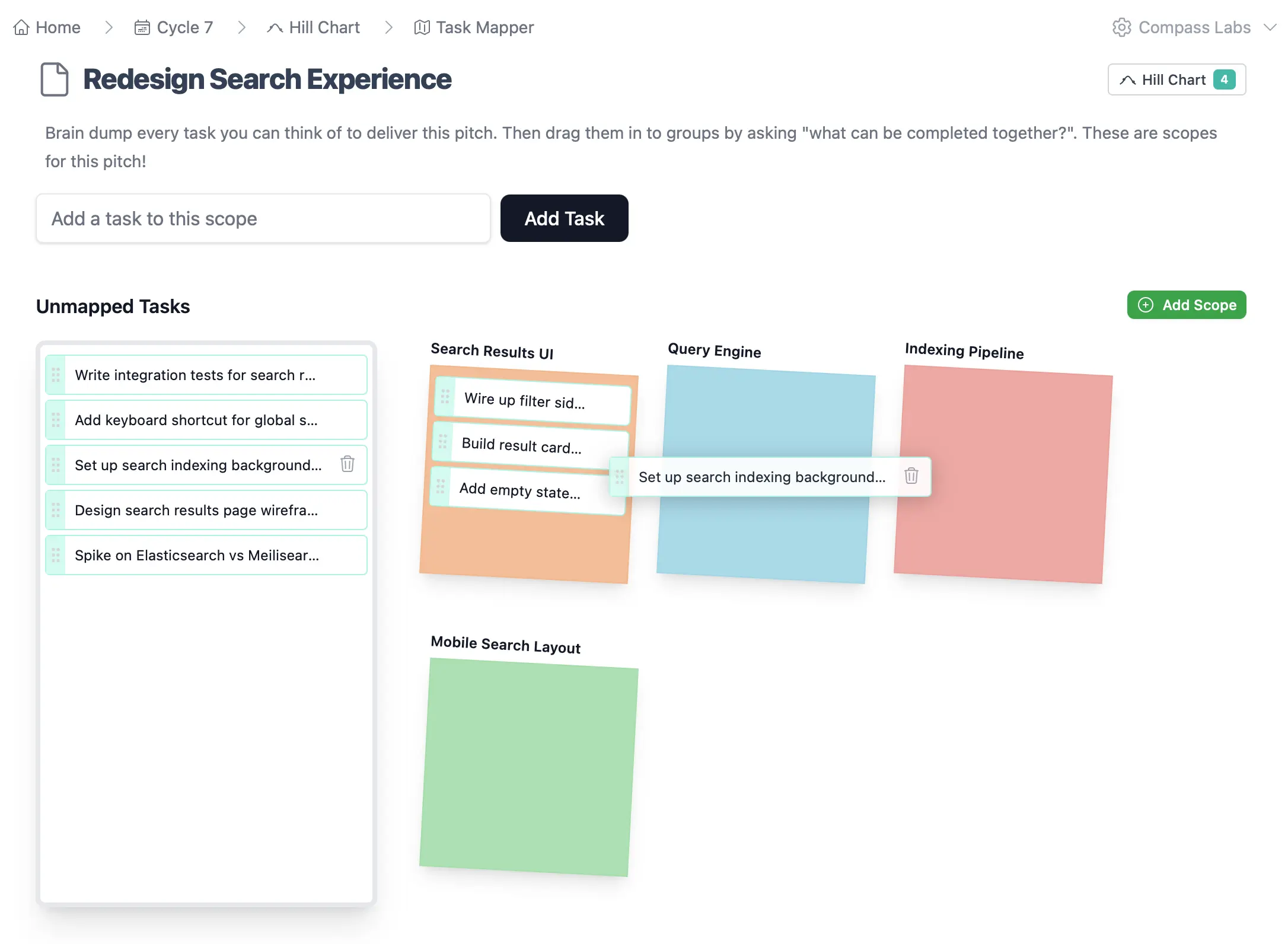Task mapper showing tasks organised into scope groups